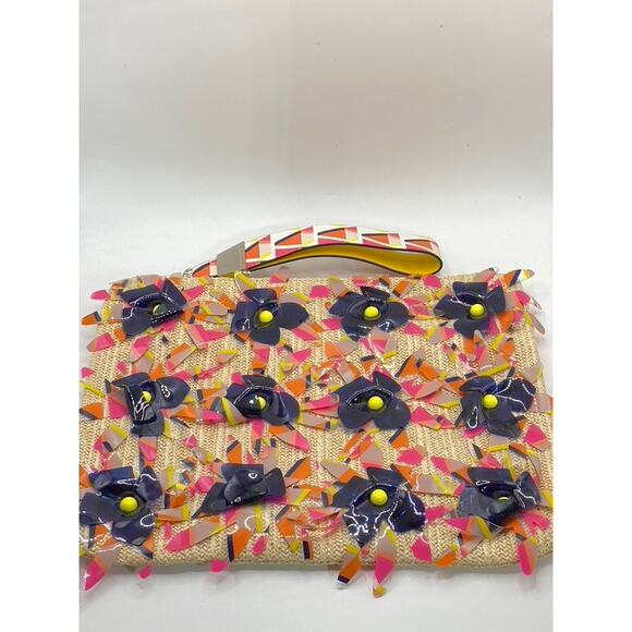 Trina Turk Handbags - TRINA TURK Women's Beige-Pink Beaded Flower Woven Wristlet Clutch